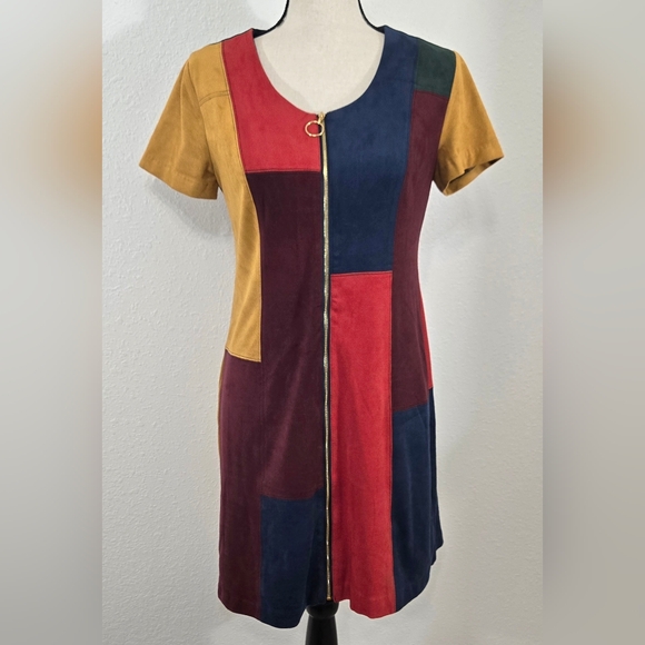 Cato Colorblock Faux Suede Patchwork Dress Full Zip Artsy Boho Folk, size Medium - Picture 1 of 6